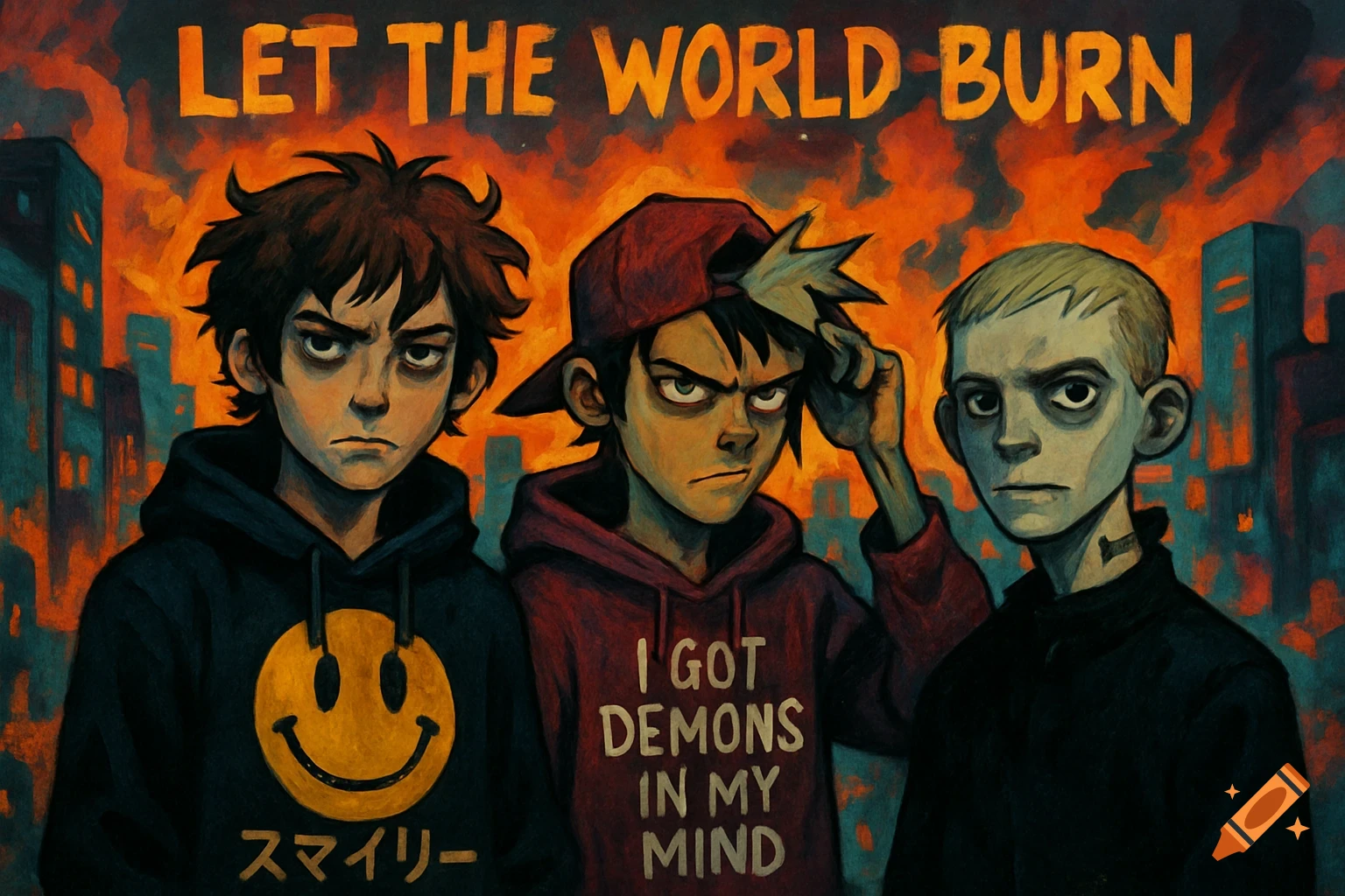 Three angry young men in a Gorillaz-style comic against a burning city, with text 'LET THE WORLD BURN'.