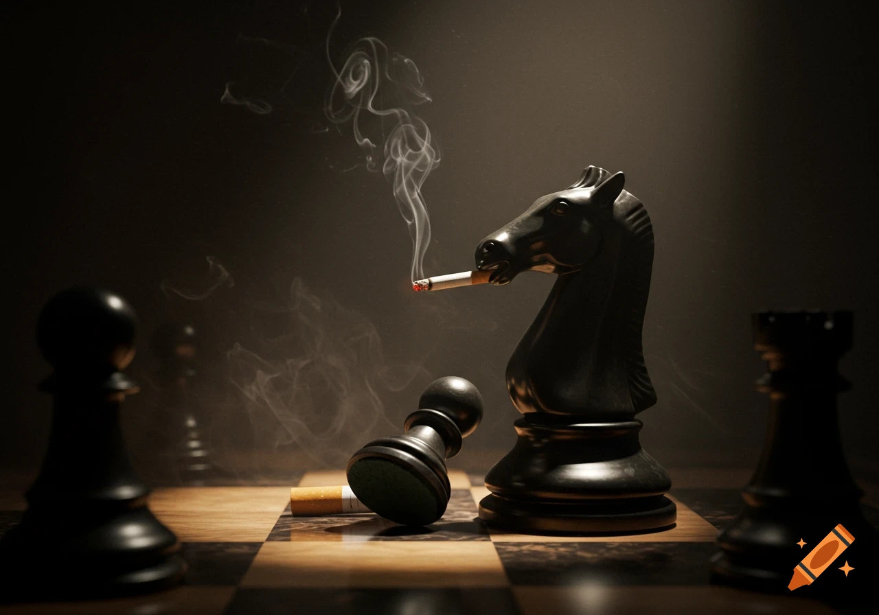 A black chess knight smokes a cigarette on a chessboard with a fallen pawn, amidst smoke and dramatic lighting.