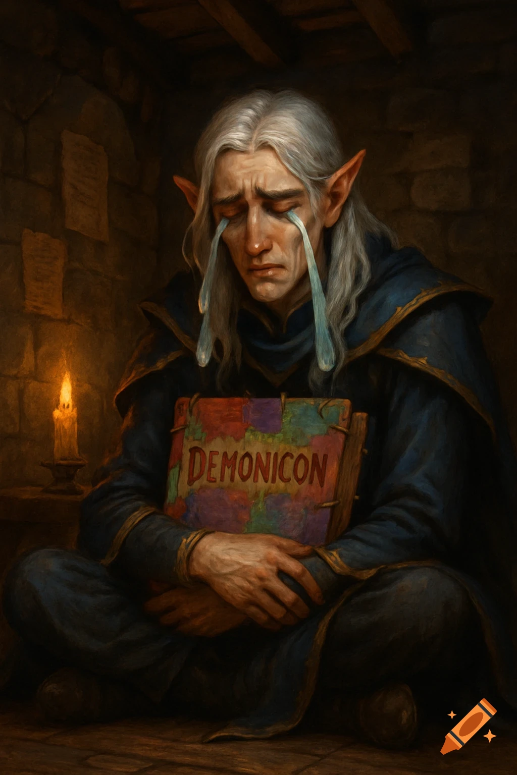 A crying high elf magic user sits on a floor holding a colorful book titled Demonicon, with stylized tears streaming.