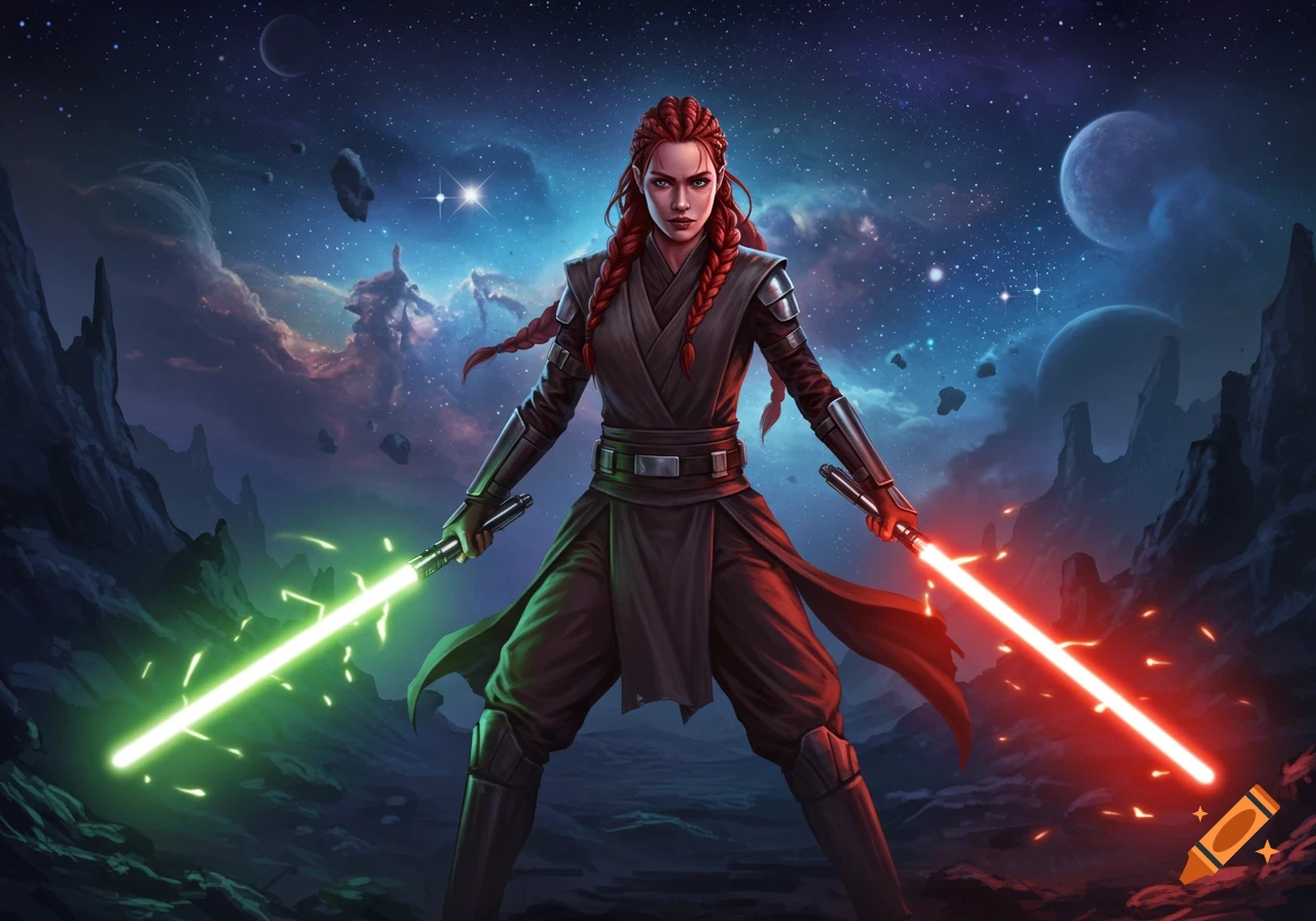 A red-haired female character in armored robes holds a green and a red lightsaber, standing on a rocky alien planet under a starry, cloudy sky with planets.