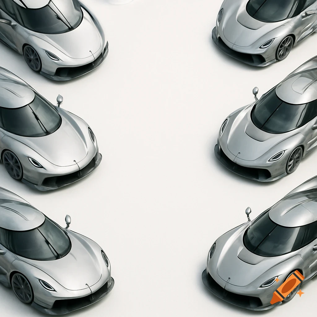 Six silver Koenigsegg Jesko Absolut supercars arranged in a symmetrical pattern around a central white space from a high angle.