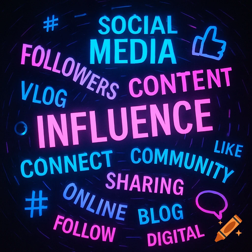 Neon pink and blue social media word cloud with words like 'Influence', 'Social Media', 'Followers', 'Content', and icons.