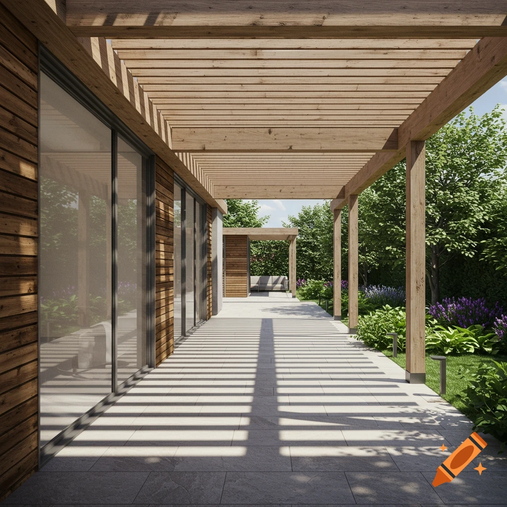 A modern outdoor patio features a long wooden pergola casting shadows on light-colored tiles, alongside a house with large glass doors and a vibrant green garden with purple flowers.
