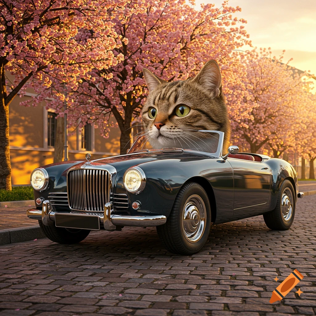 A photorealistic cat with green eyes drives a vintage dark car down a cobblestone street lined with pink cherry blossom trees.