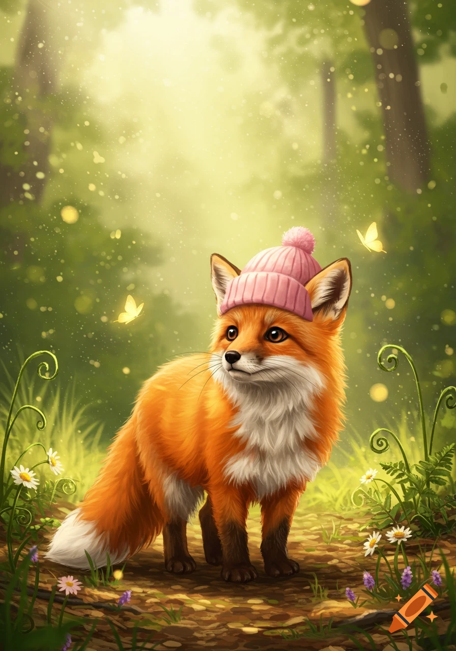 A cute orange fox wearing a pink beanie stands in a magical forest with glowing particles and butterflies.