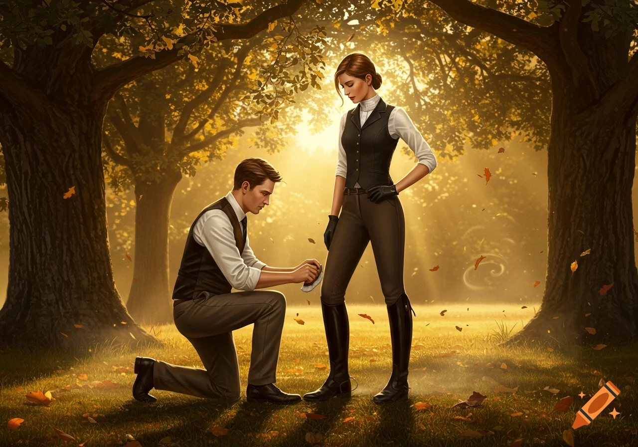A man kneels to clean a woman's tall boots in a sunlit autumn forest, with leaves on the ground. Photorealistic art.