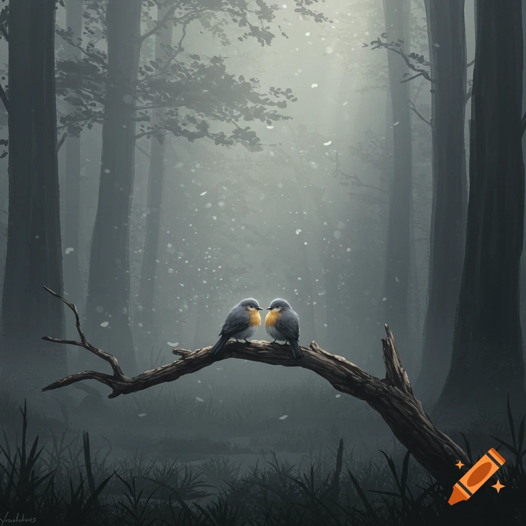 Two small birds perch on a gnarled branch in a dark, misty forest, rendered in a painterly style.