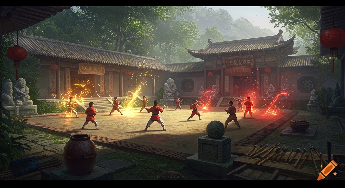 Digital painting of students sparring with glowing chi energy in a traditional East Asian courtyard surrounded by buildings and lush trees.