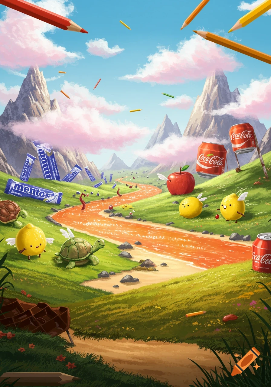 A whimsical landscape with an orange river, flying pencils, winged lemons, turtles, and mountains with pink clouds, featuring Mentos packets and Coca-Cola cans.