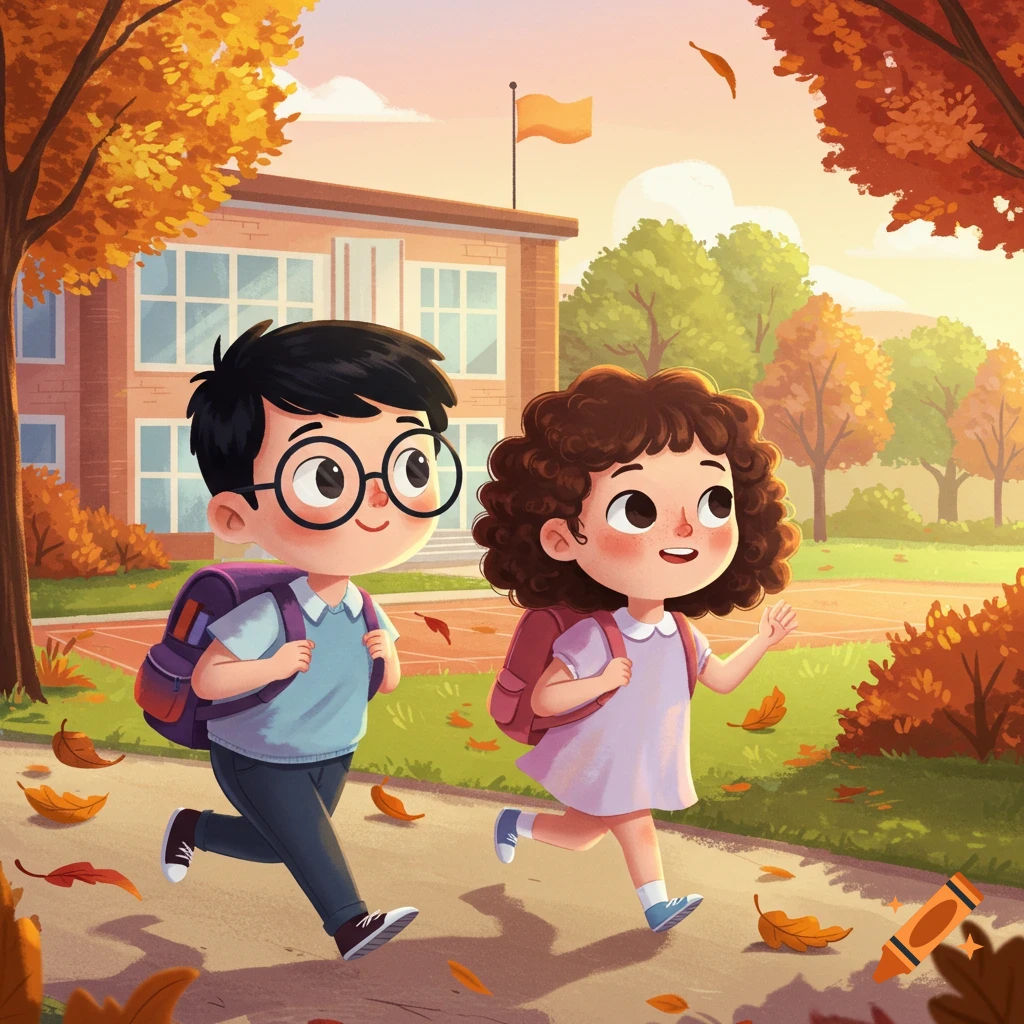 Two happy cartoon kids run towards a school on an autumn day with colorful trees and fallen leaves.