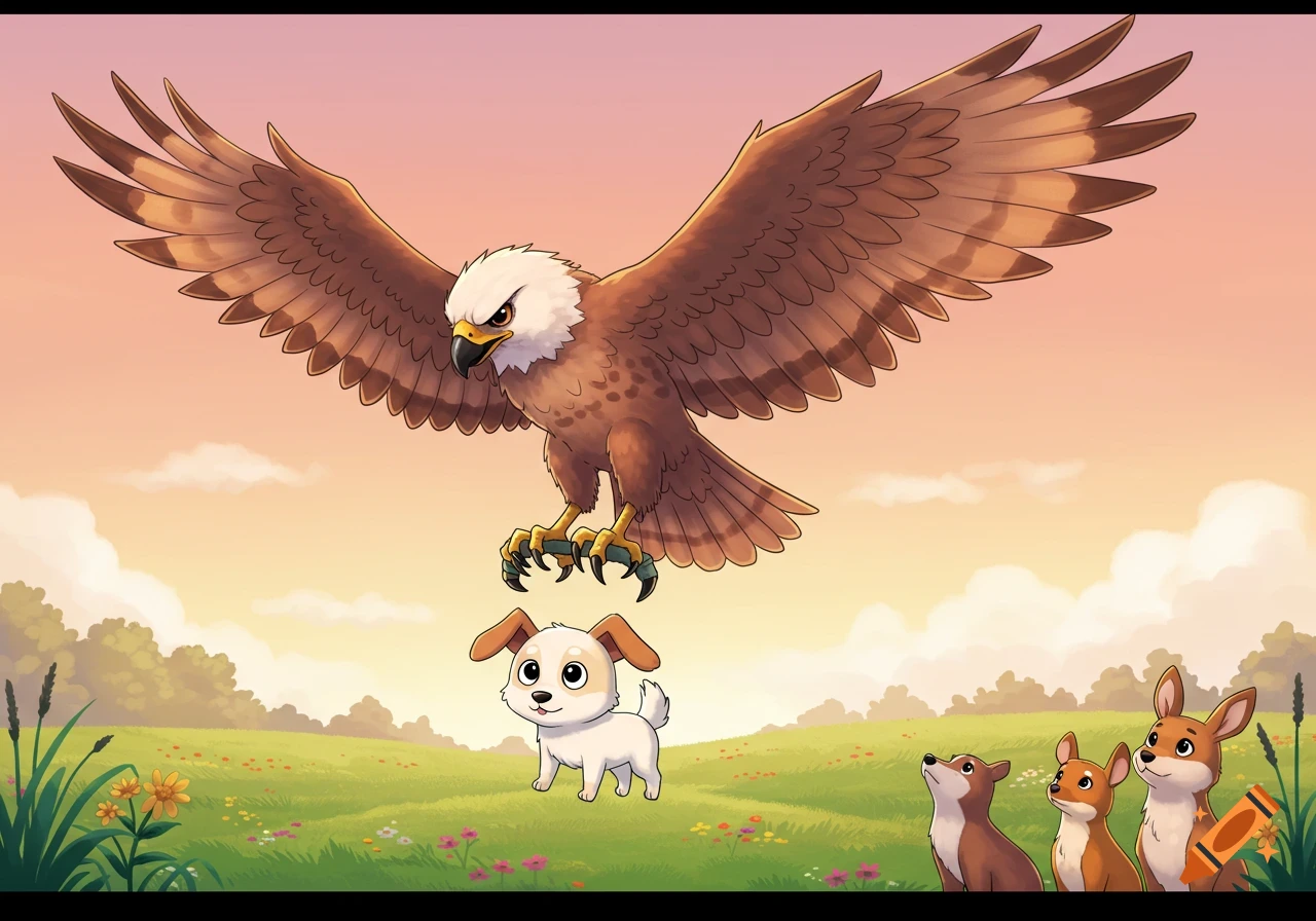 A cartoon eagle hovers over a small white dog in a green field with other animals watching, under a pastel sky.