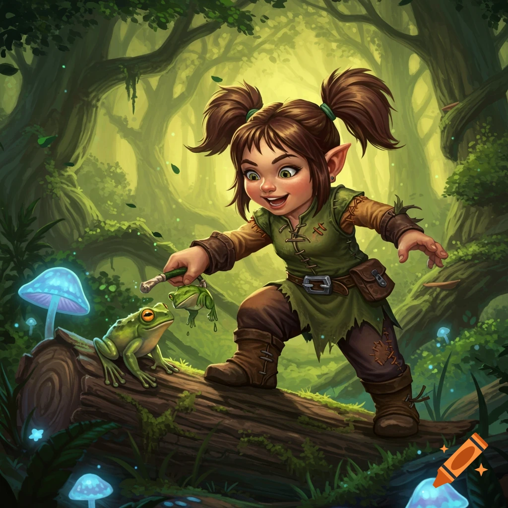 A cartoon fantasy gnome with pigtails, dressed in green and brown, stands on a log in a vibrant forest, holding a small frog towards a larger one.