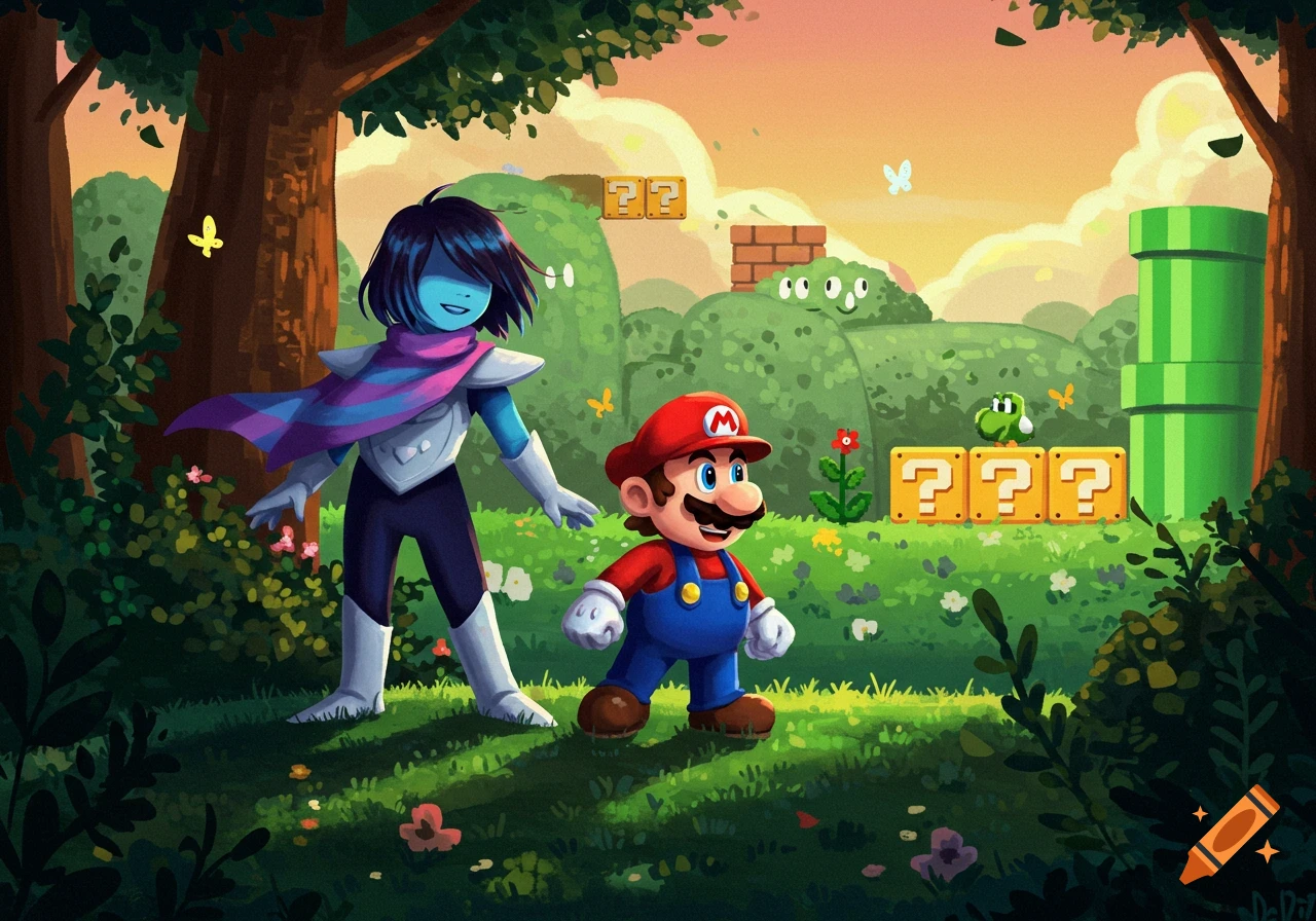 Kris from Deltarune and Super Mario stand in a vibrant, stylized forest with classic Mario elements like question blocks and pipes at sunset.