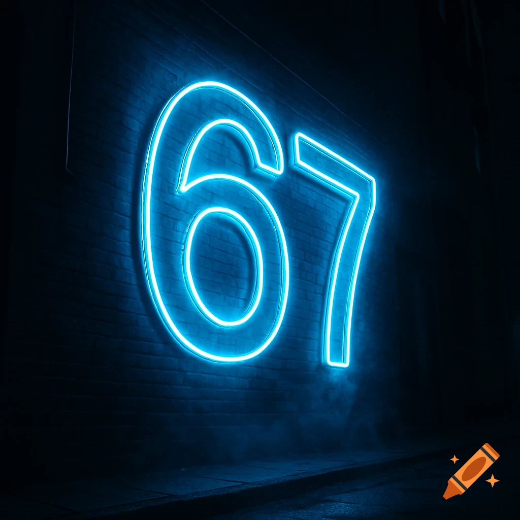 Bright neon blue numbers '67' on a dark brick wall with a hazy atmosphere.