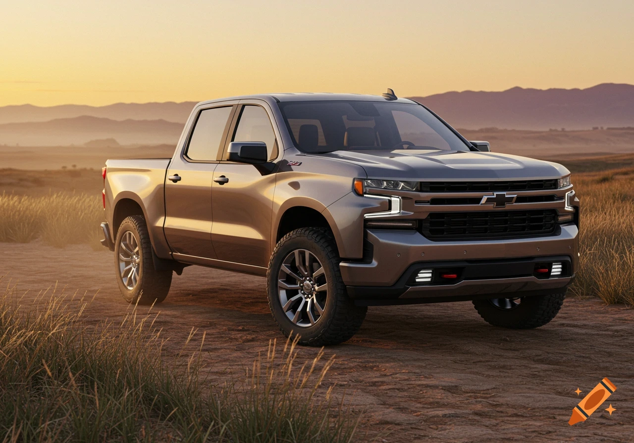 A gold Chevy Silverado double cab pickup truck sits on a dirt road in a field with mountains in the background at sunset, photorealistic.