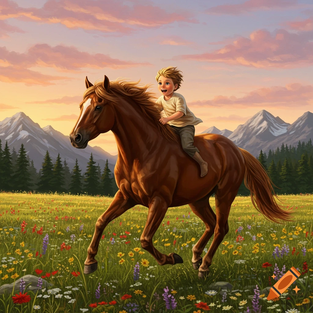 A smiling boy rides a brown horse through a vibrant flower meadow at sunset, with mountains and pine trees in the background, in an illustrative style.