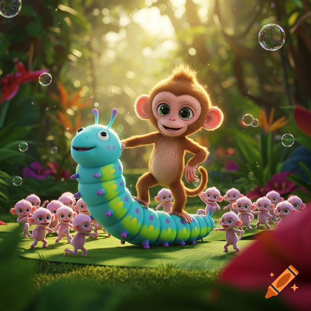 A cute animated baby monkey dances on a friendly blue caterpillar, surrounded by many tiny pink monkey babies in a sunny jungle with floating bubbles.