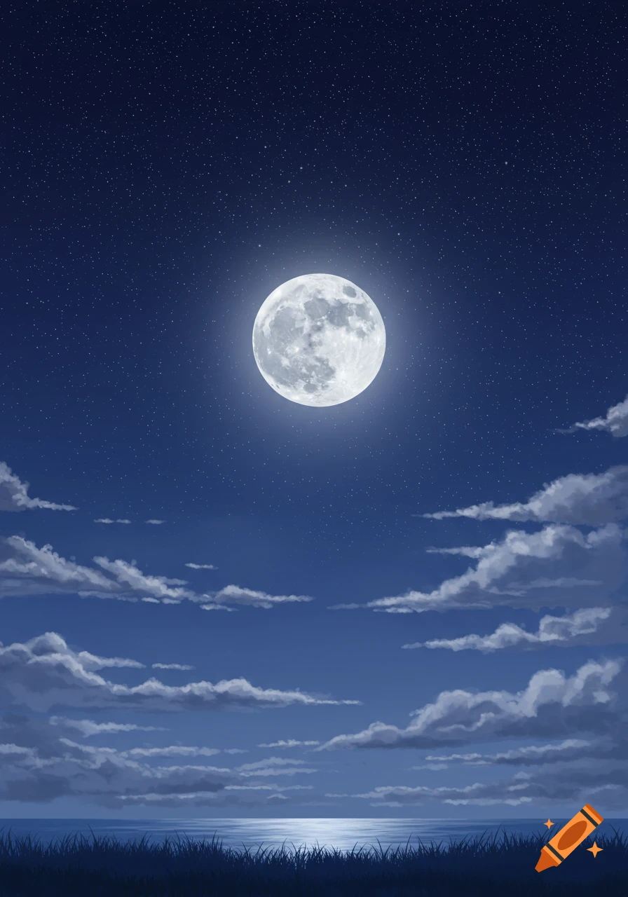 A bright full moon illuminates a dark starry night sky over calm water, with soft clouds and silhouetted grass in the foreground. Illustration.