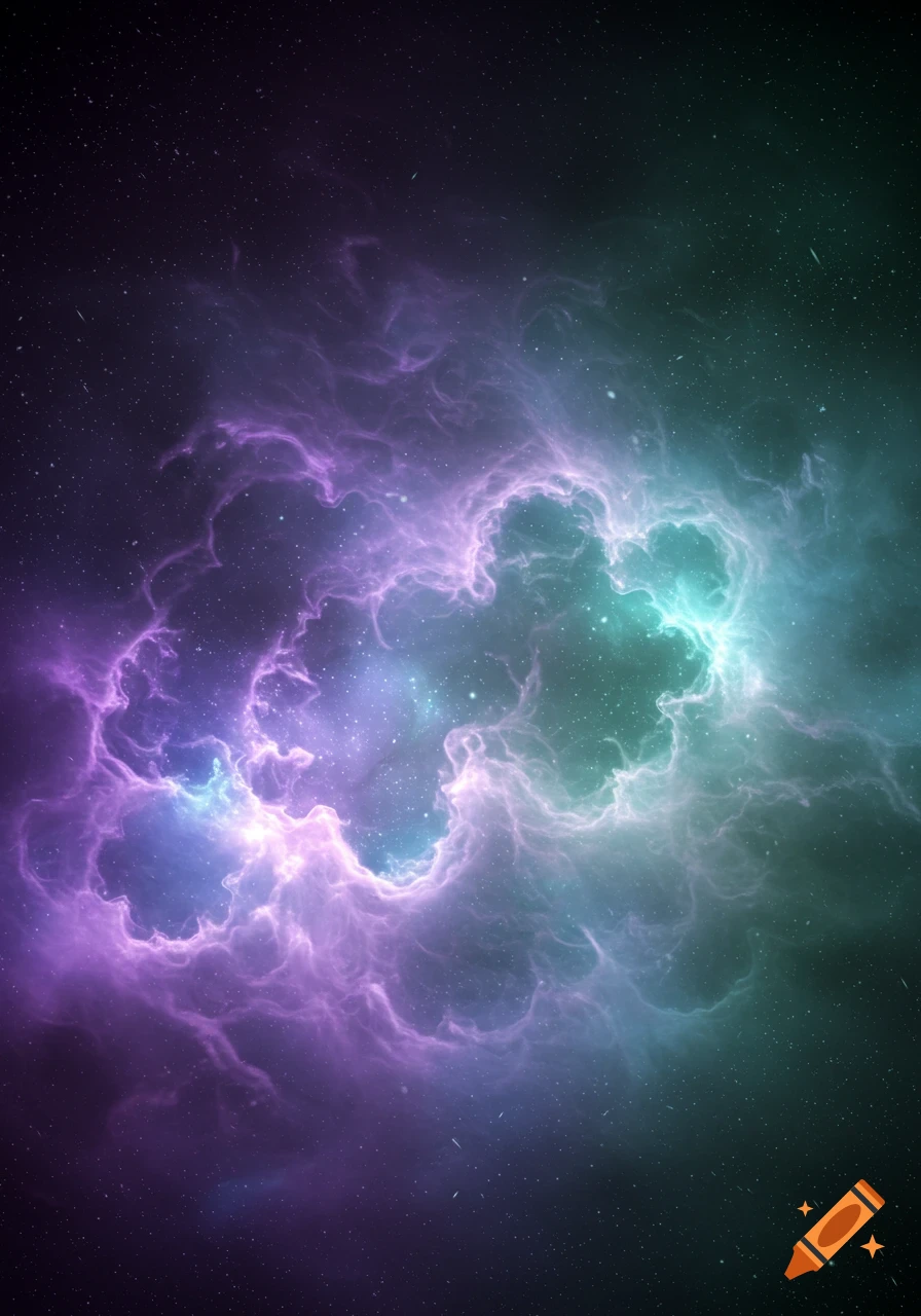 A vibrant space background with swirling purple and teal gas clouds, bright stars, and distant galaxies.