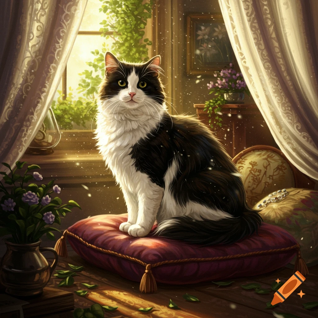 A fluffy black and white cat sits on a red cushion in a sunlit room with ornate curtains and green plants.
