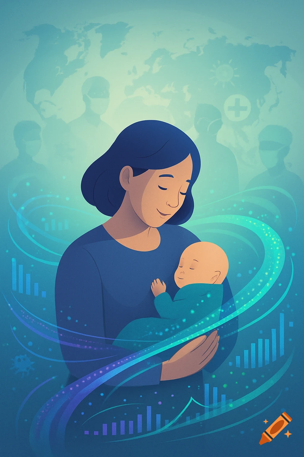 Illustration of a mother holding a sleeping baby, surrounded by glowing lines, bar charts, a world map, and subtle medical figures.