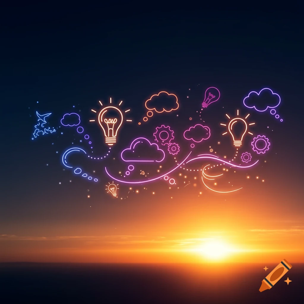 Neon outline symbols representing ideas, innovation, and creativity, floating above a serene sunset horizon.