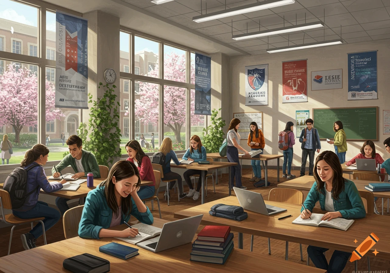Students study in a bright classroom with large windows overlooking a university campus adorned with cherry blossom trees.