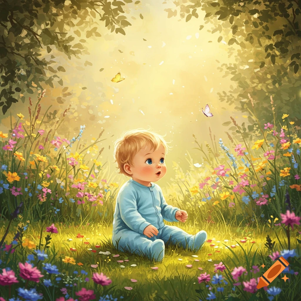 A whimsical illustration of a baby with blond hair and blue eyes sitting in a field of colorful wildflowers, looking at butterflies.