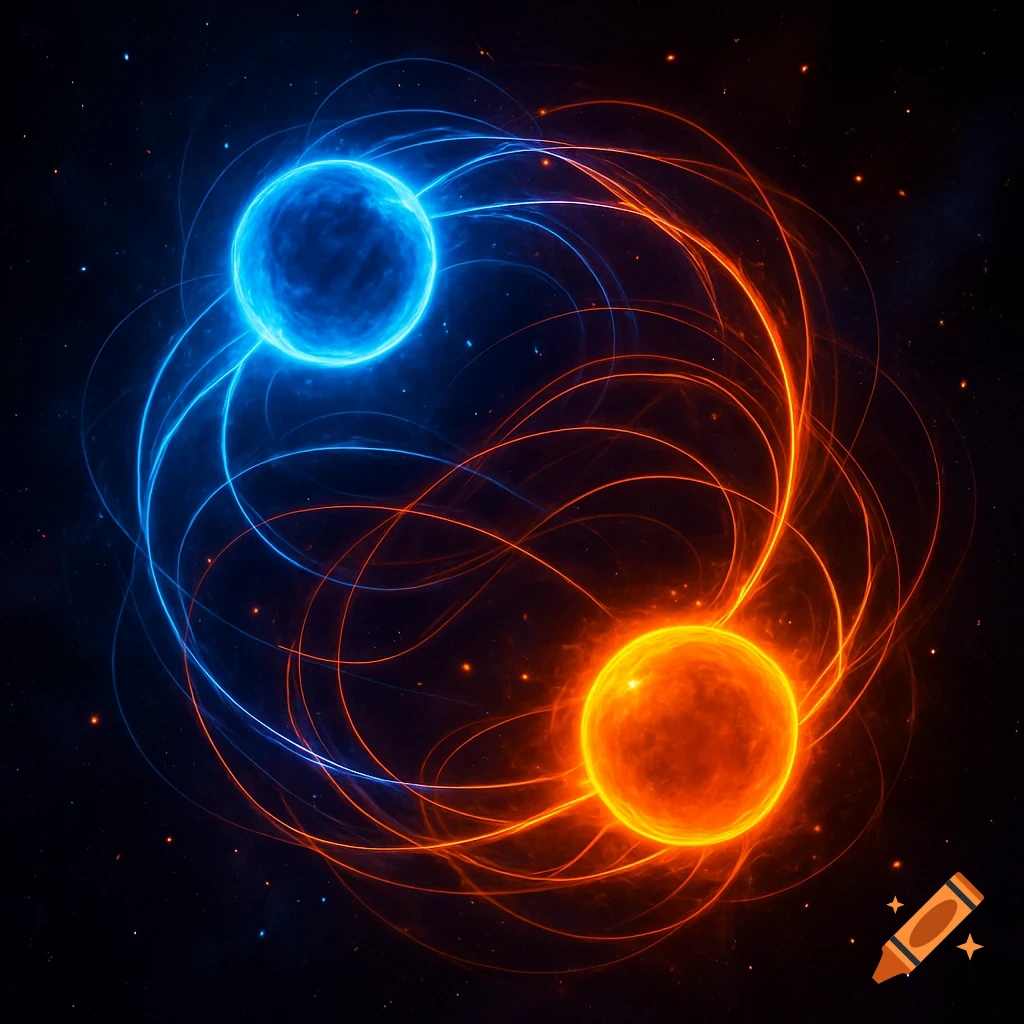 Two glowing orbs, one blue and one orange, with swirling energy trails connecting them against a dark, starry cosmic background.