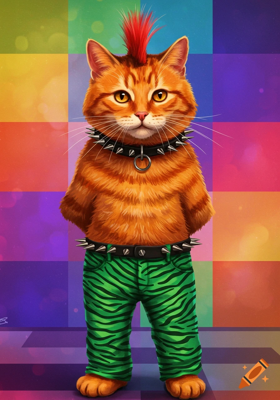 An orange tabby cat with a red mohawk, spiked collar, and green zebra-stripe pants stands against a rainbow checkered background.