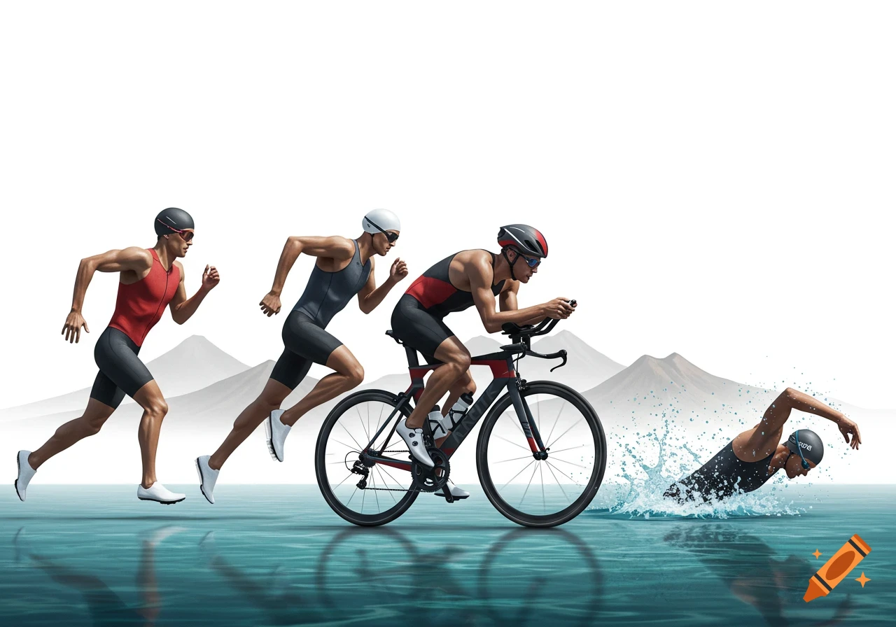Three athletes performing a triathlon: running, cycling, and swimming, on water with mountains in the background.