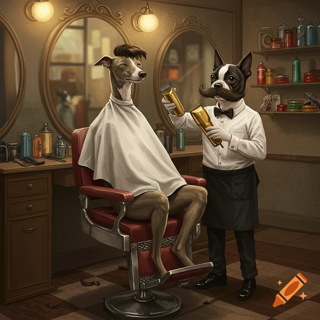 An anthropomorphic Boston Terrier barber with a mustache holds two golden clippers, giving a stylish fade haircut to an anthropomorphic Whippet dog in a classic barbershop scene.