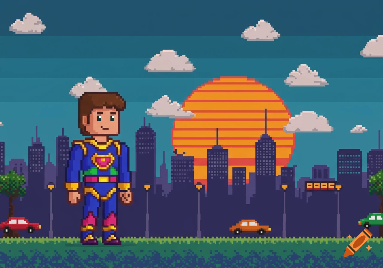 A pixel art superhero in a blue suit with a red and gold emblem stands in a cityscape at sunset.