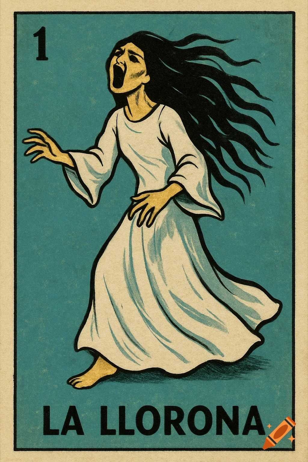 Vintage Lotería card illustration of a wailing ghostly woman with long black hair, in a white dress, on a teal background. Card reads '1' and 'LA LLORONA'.