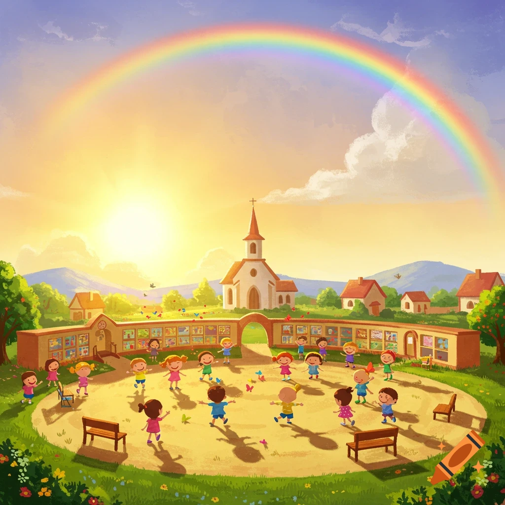 A colorful illustration of children playing in a sunny churchyard with a rainbow stretching over a village landscape.