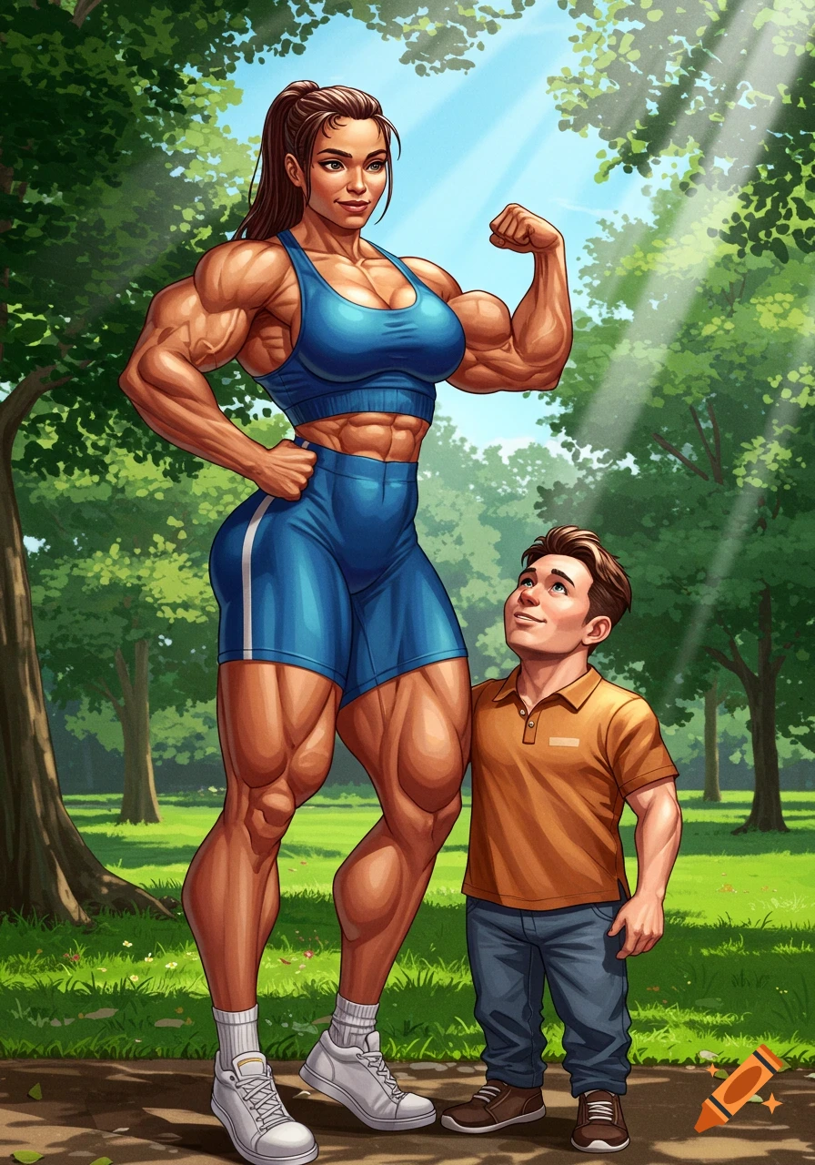 A muscular woman in blue athletic wear flexing her bicep as a short man looks up at her in a sunny cartoon park.