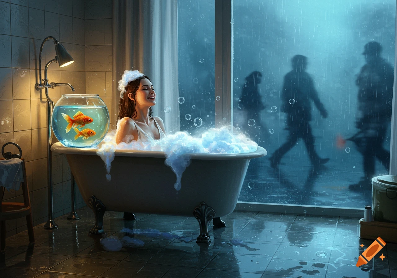 A smiling woman relaxes in a bubbly bathtub with goldfish, while outside a window, people walk through heavy rain.