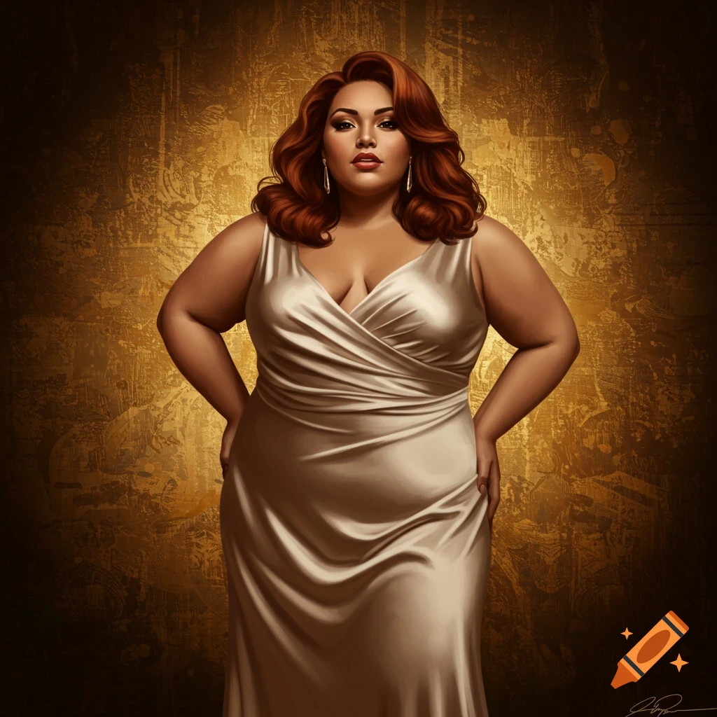 Glamorous plus-size woman with red hair in a satin gown against a golden textured background, in an illustrative style.