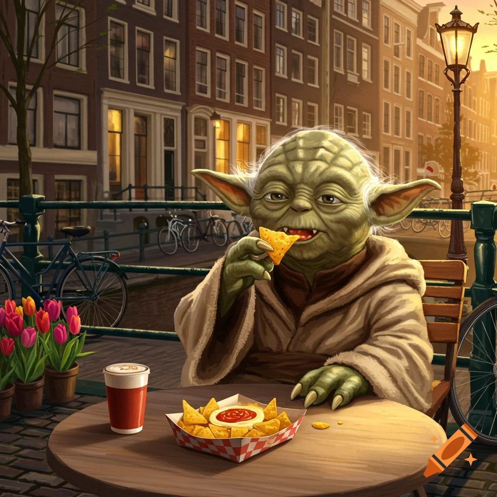Illustrated Yoda sitting at an outdoor cafe table, eating nachos, with a city canal and Dutch-style buildings in the warm sunset background.