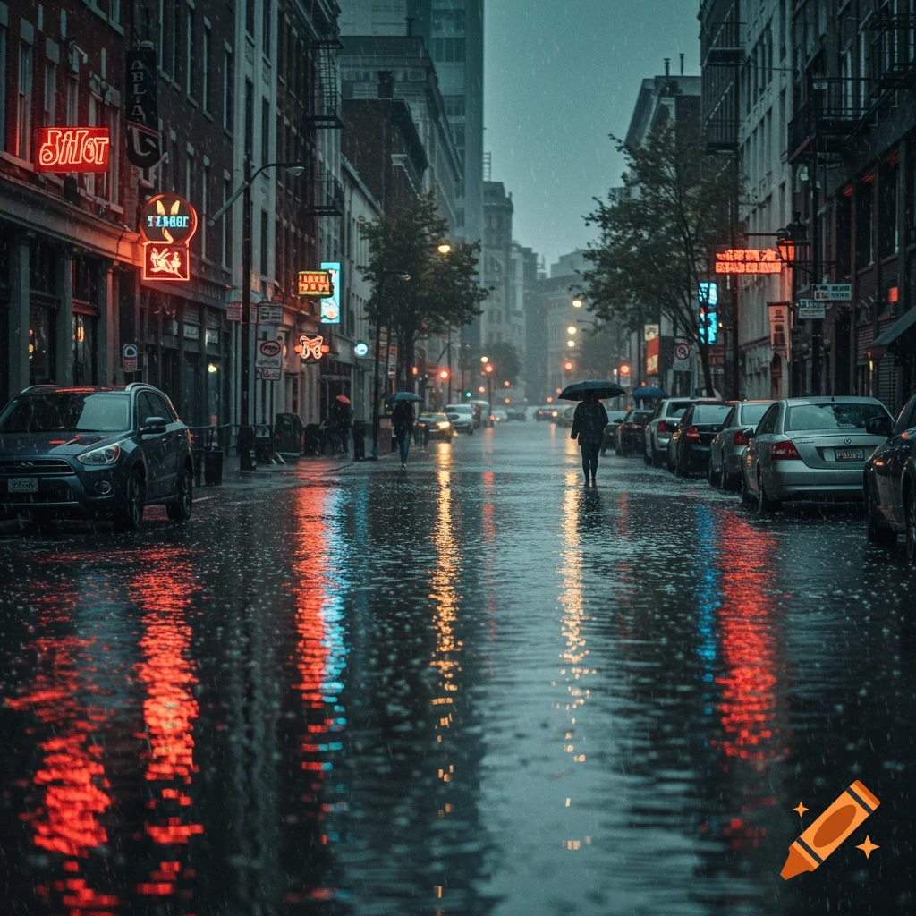 A person with an umbrella walks down a dark, wet city street reflecting neon lights during a rainstorm. Parked cars line the street.