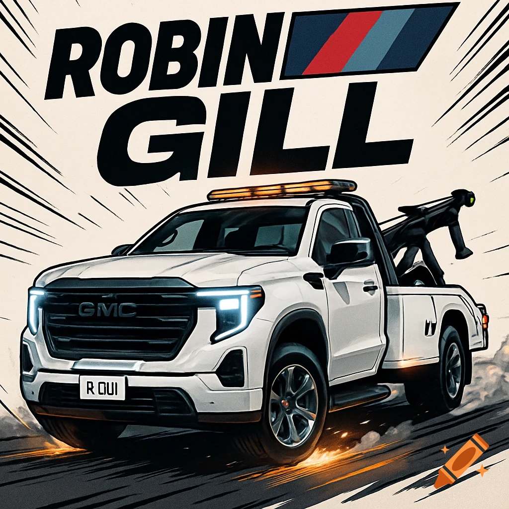 A white GMC Sierra Denali tow truck with glowing headlights in a bold comic poster style, with 'ROBIN GILL' text above.