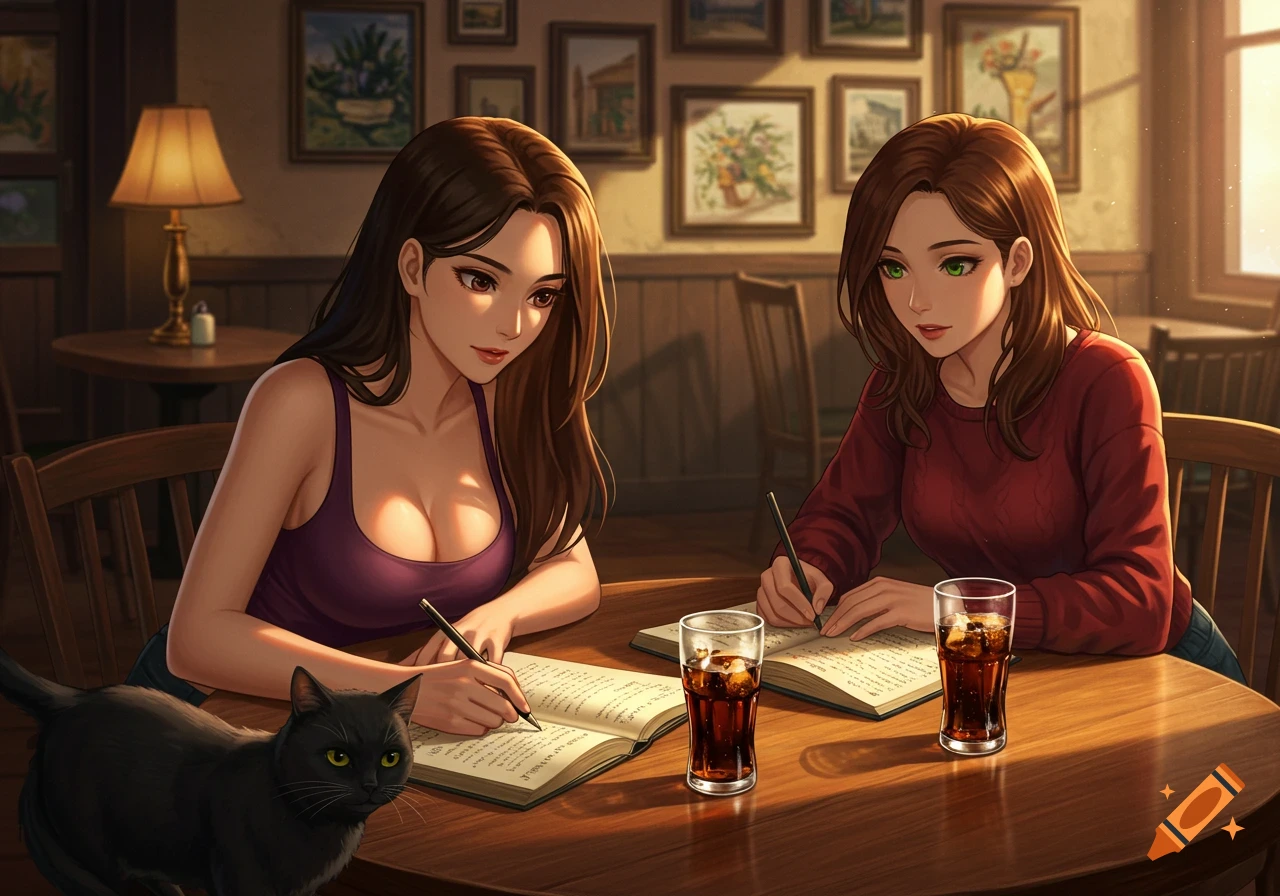 Two anime-style women writing in journals at a cafe table, with a black cat beside them and colas.