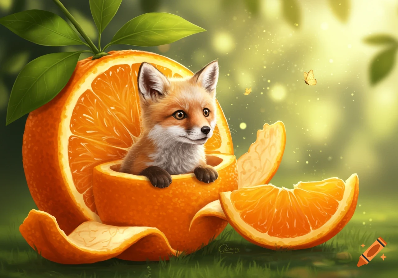 A cute baby fox sits inside a hollowed-out orange, surrounded by orange slices and green leaves, in a whimsical forest setting with butterflies.