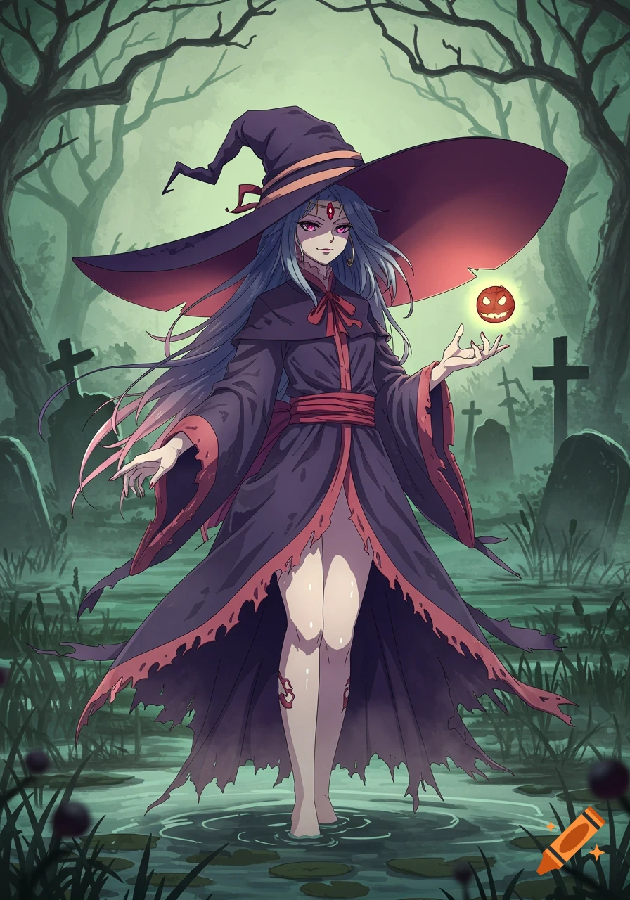 An anime witch with long blue hair and a wide-brimmed hat stands in a swampy graveyard, holding a glowing jack-o'-lantern.