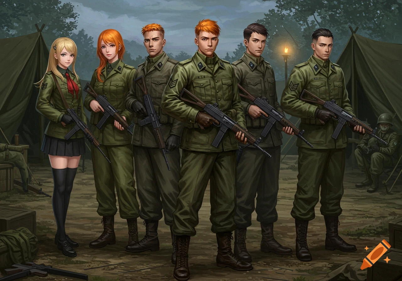 An anime-style illustration of six soldiers, two women and four men, in green uniforms holding submachine guns in a military camp.
