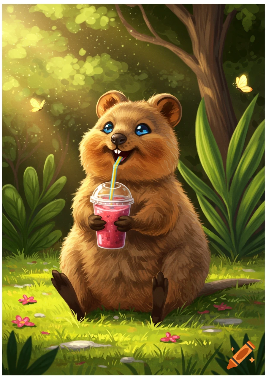 A cute illustrated quokka sits on grassy ground in a sunny forest, happily drinking a pink smoothie through a straw. Two butterflies flutter nearby.