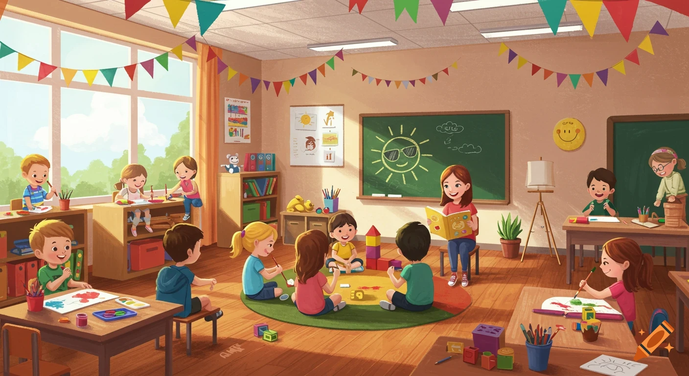 A bright, colorful clip art illustration of an elementary school classroom with children drawing, playing, and a teacher reading a book.