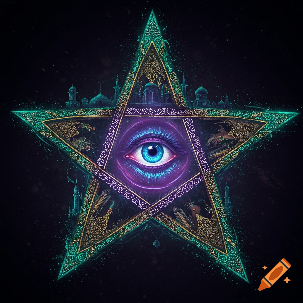 A vibrant, mystical pentagram with a central blue eye, adorned with intricate gold and teal Iranian patterns and mosque silhouettes.