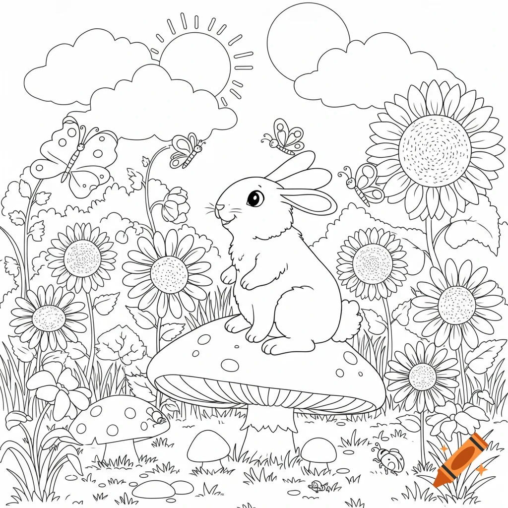 A happy rabbit on a mushroom in a field of sunflowers and daisies, with butterflies and a smiling sun, coloring book style.