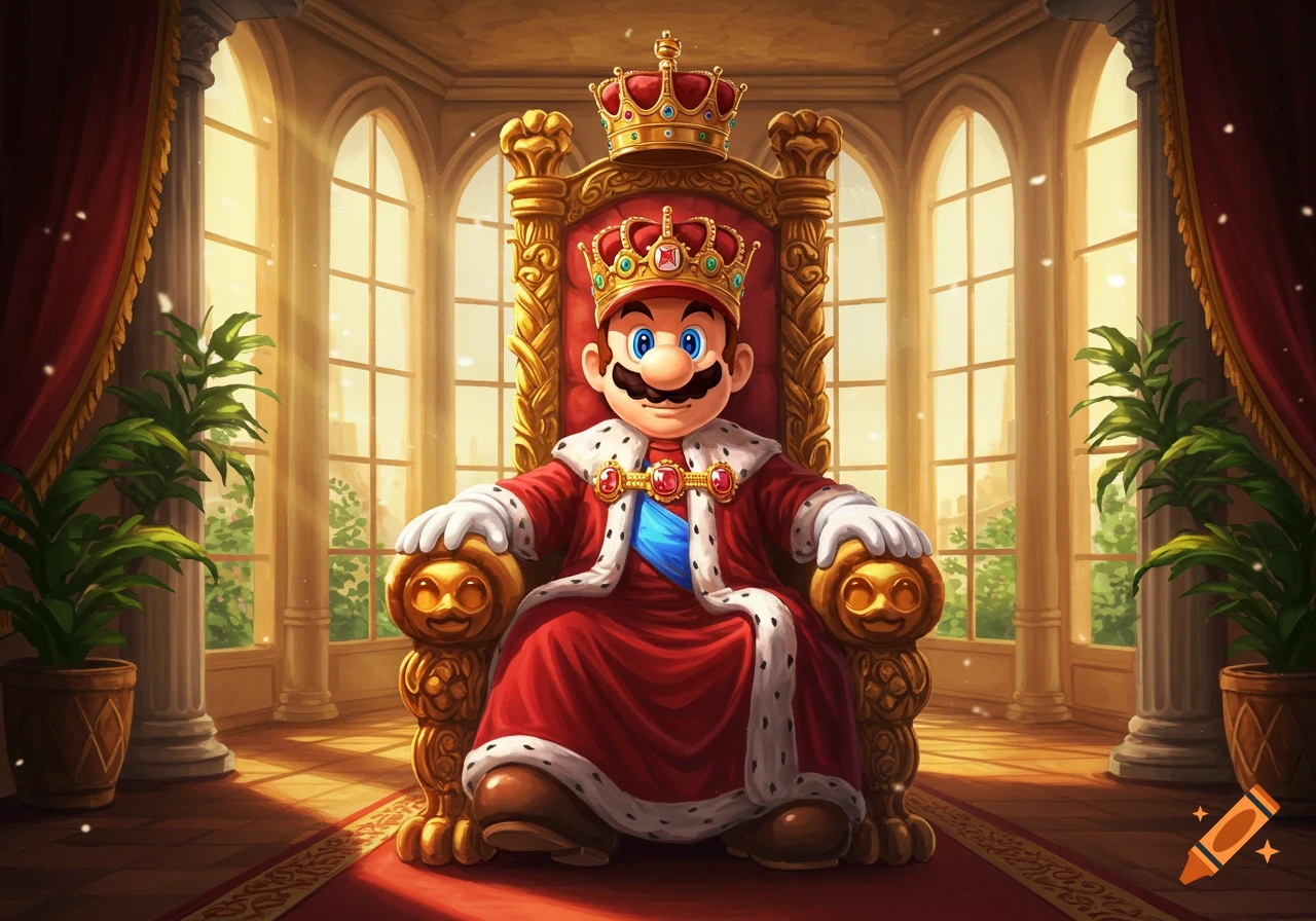 Mario, dressed as a king with a crown and royal robes, sits on an ornate golden throne in a grand hall.